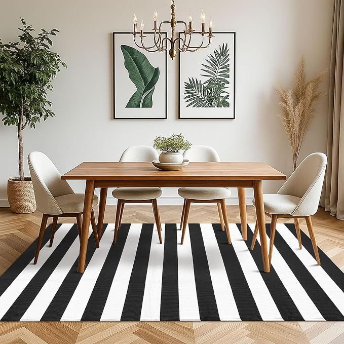 KOZYFLY Black and White Striped Outdoor Rug 5x7 Ft Area Rug Washable Indoor - Image 3