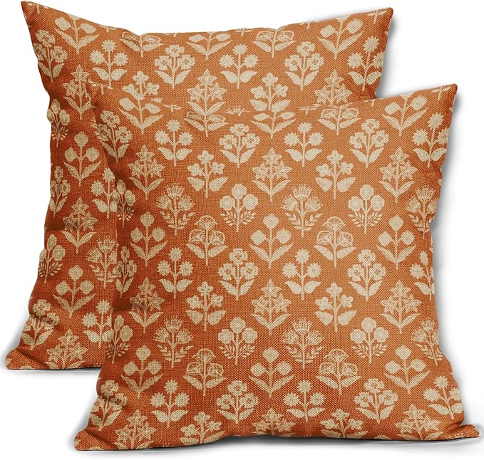 Burnt Orange Floral Pillow Covers 24x24 Inch Set of 2, Vintage Flower Block by Sivirary