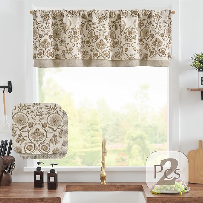 jinchan Linen Valance Kitchen Curtain Pack of 2 Double Layer 18 Inch - Image 5