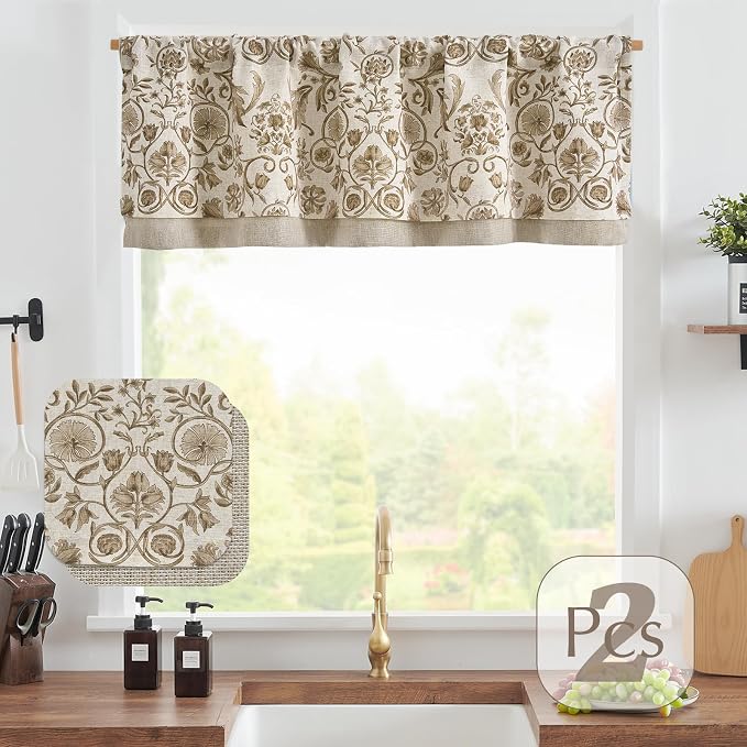 jinchan Linen Valance Kitchen Curtain Pack of 2 Double Layer 16 Inch - Image 5