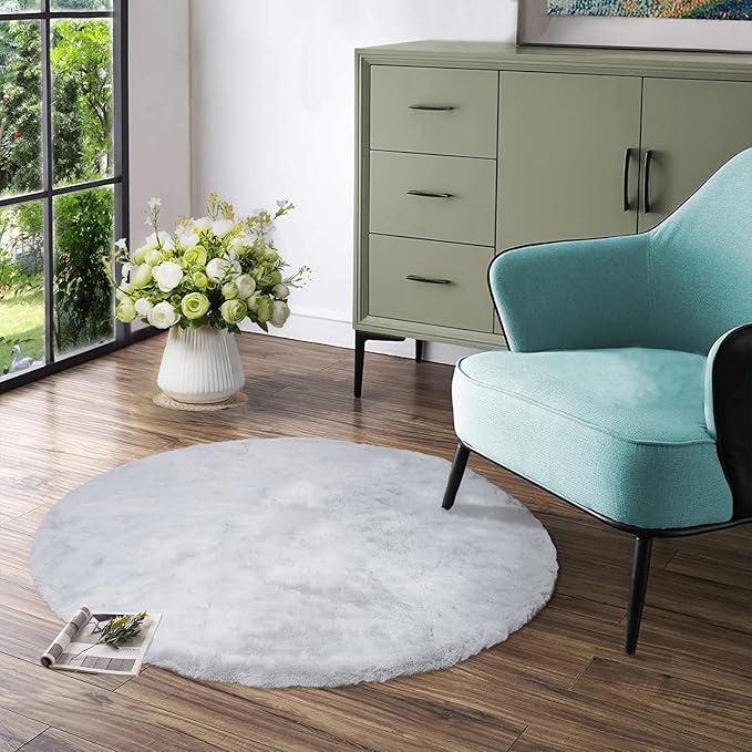 Latepis Grey Fluffy Round Rug 3ft Circle Area Faux Fur Rugs Washable Rabbit Rug by Latepis
