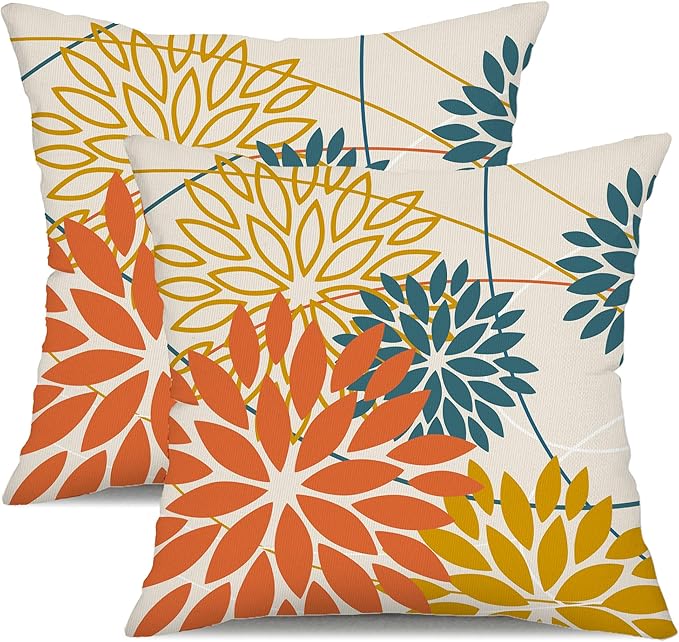 Orange and Yellow Floral Pillow Covers 18x18 Set of 2 Fall Outdoor Waterproof by DFXSZ