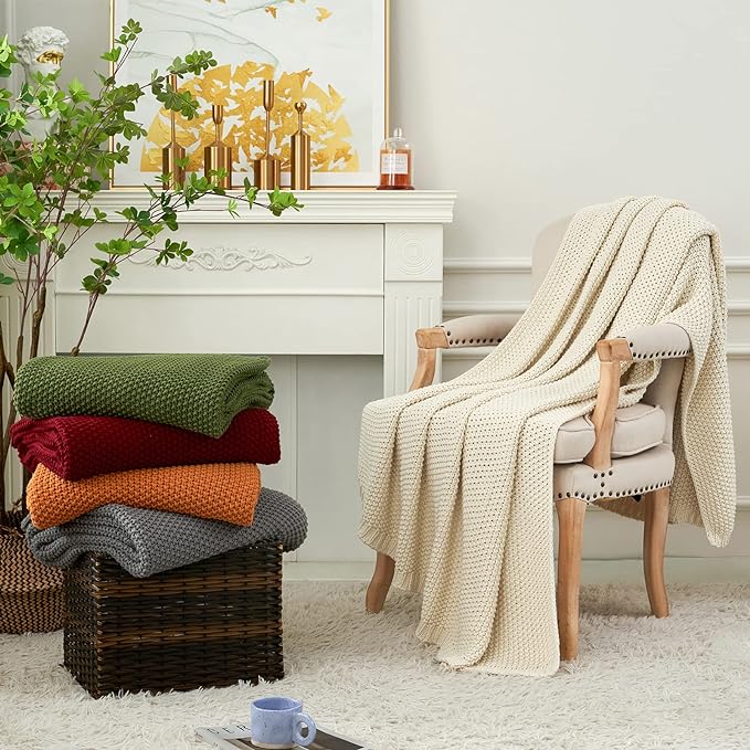 Chunky Cable Knit Throw Blanket Lightweight Olive Green 100% Organic Cotton - Image 5