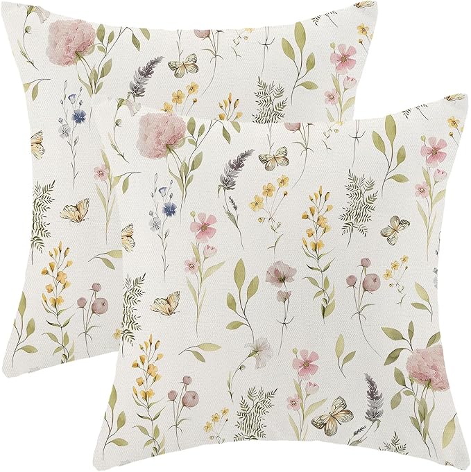 Spring Pillow Covers 18x18 Inch Set of 2, Sage Green Pink Wild Flower Throw by AEIOAE