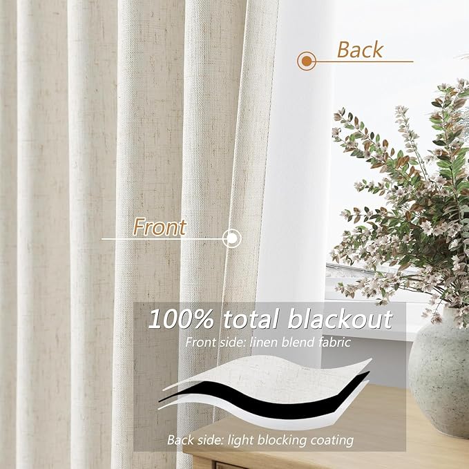 Guken Cream 100% Blackout Linen Curtains 38 Inch Wide by 90 Inch - Image 4