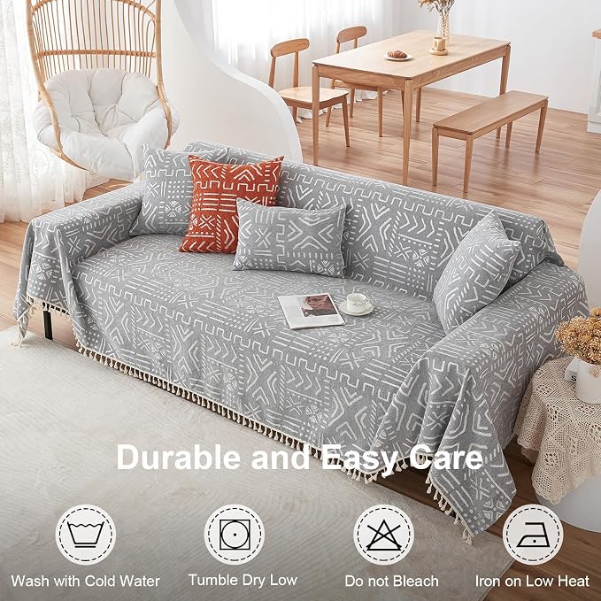 VClife Boho Gray White Couch Cover Plush Soft Chenille Couch Cover - Image 9