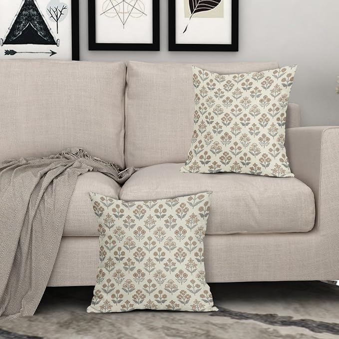 Brown Grey Gray Floral Pillow Covers 22x22 Inch Set of 2, Vintage Flower Block - Image 3