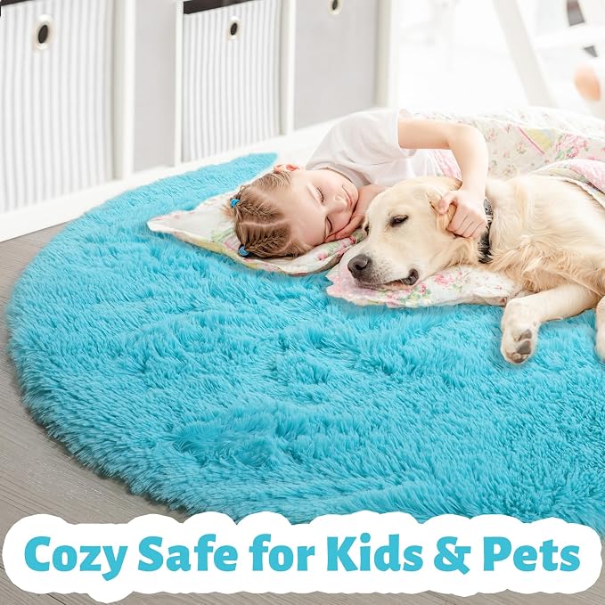 Amdrebio Blue Round Rug 5Ft for Bedroom, Fluffy Circle Area Rugs for Kids Room - Image 2