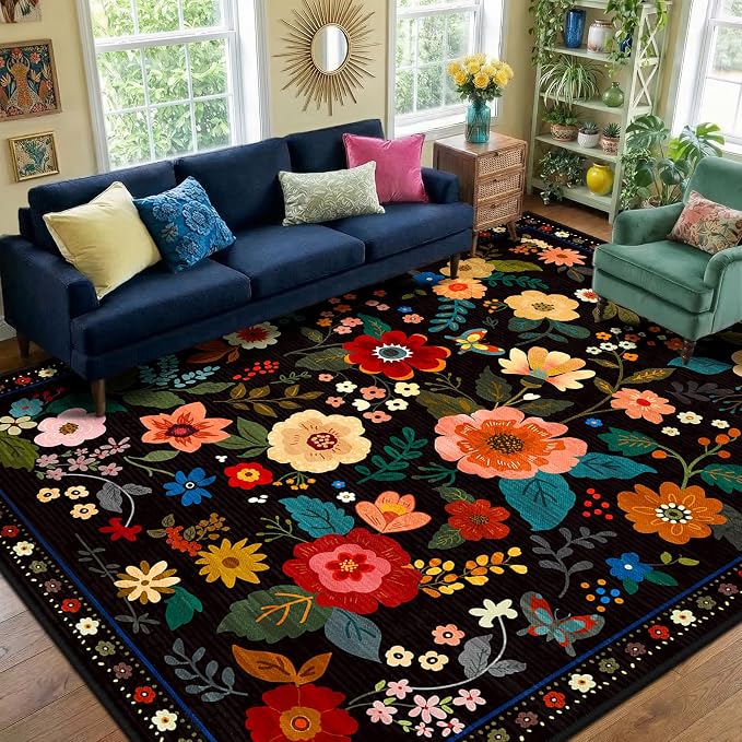 RELEANY Floral Nursery 9x12 Area Rugs Washable Print Boho Cute Carpet Non Slip by RELEANY