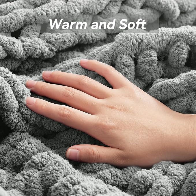 Negwoo Chunky Knit Throw Blanket, Handmade Light Grey Crochet Big Thick Blanket - Image 7