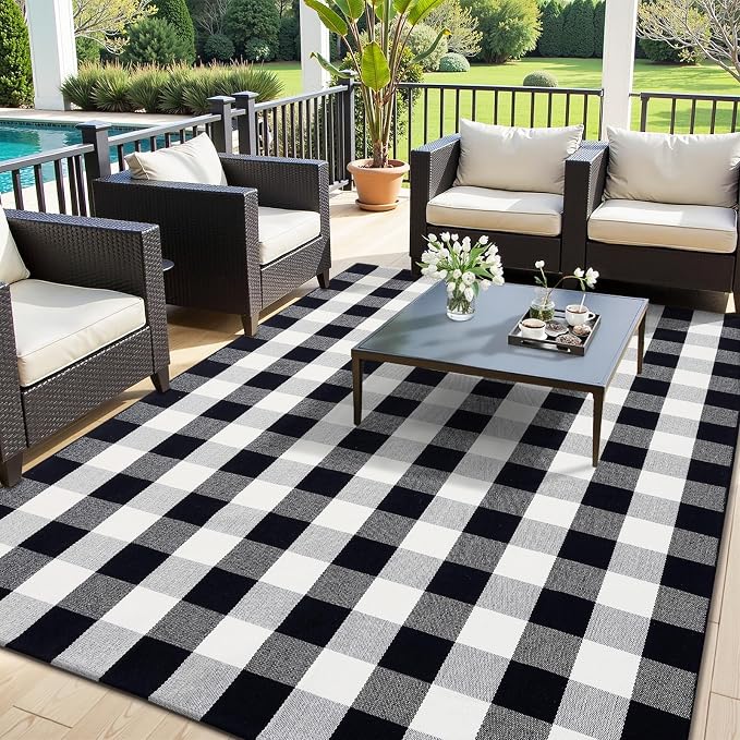 OLANLY Buffalo Plaid Rug 5' x 7' – Black and White Cotton Checkered Doormat - Image 5