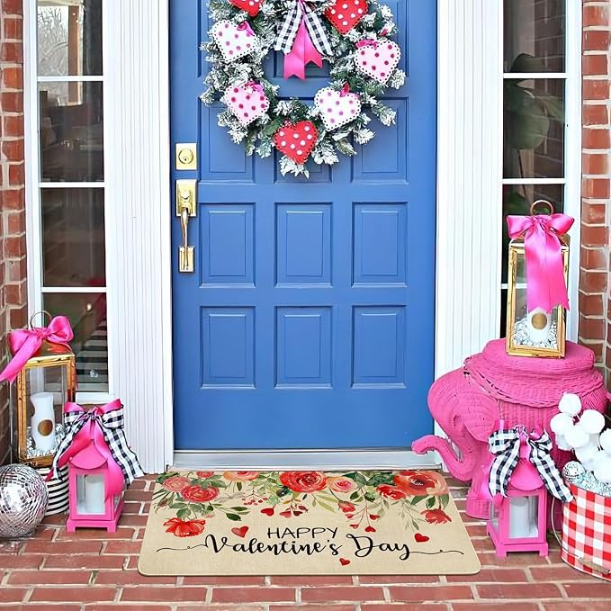 Valentines Day Door Mat, Floral Love Hearts Red Rose Flowers Indoor Outdoor - Image 6