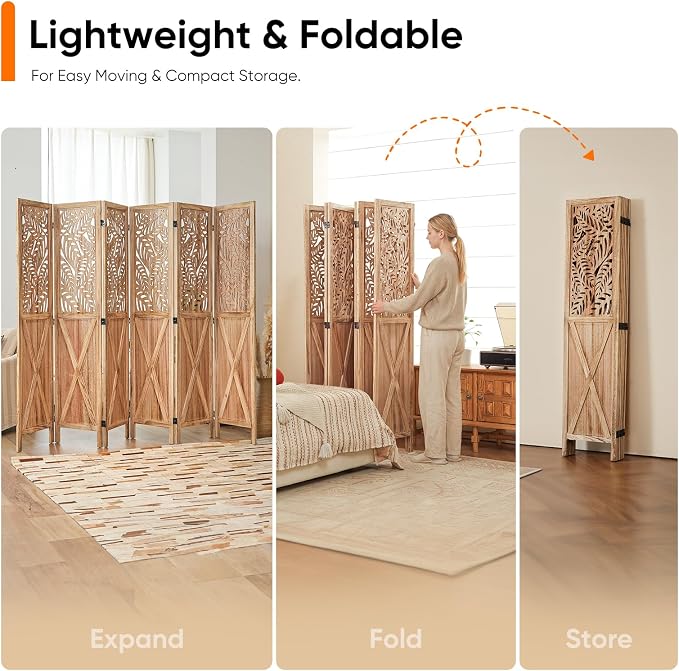 Boho Room Divider with Leaves Carving, 6-Panel Openwork Wood Screen, Decorative - Image 7
