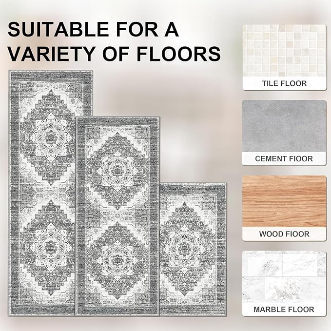 Tritard 100% Non Slip Kitchen Rugs Sets of 3 Washable Boho Kitchen Mats - Image 4