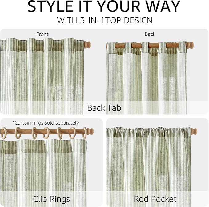jinchan Linen Curtains for Living Room Sage Green on Beige Striped Curtains for - Image 7