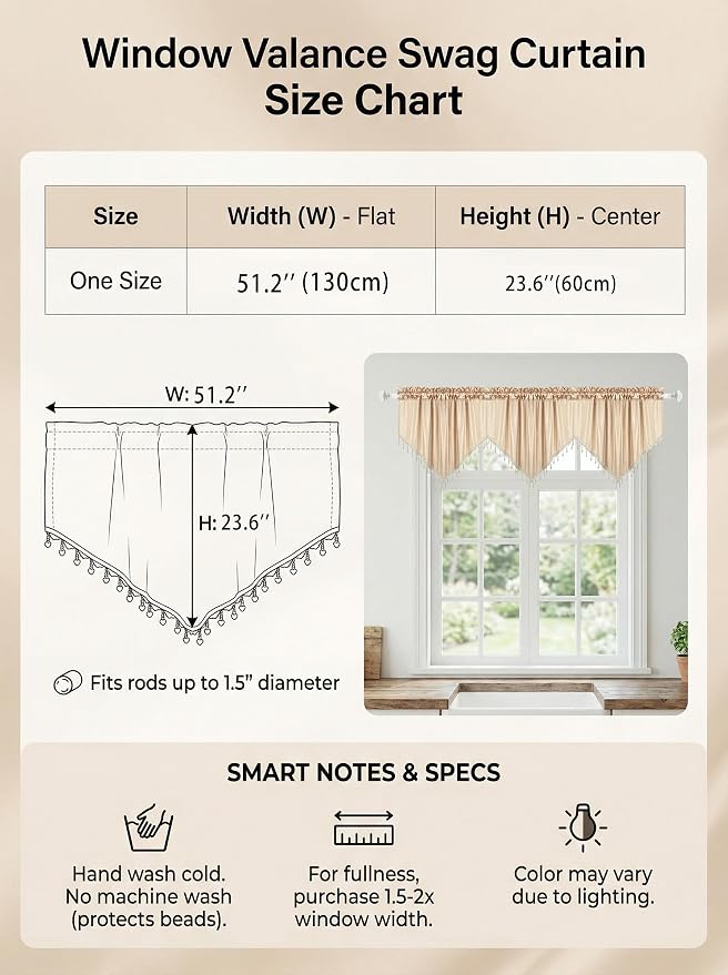 Molaxhome Swag Curtain 51 inch Length Rod Pocket Scalloped Curtain Valance - Image 2