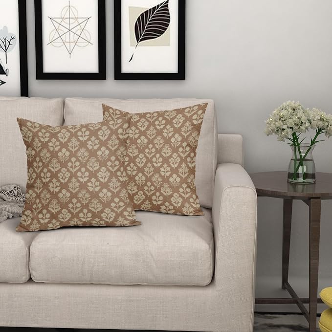 Brown Floral Pillow Covers 24x24 Inch Set of 2, Vintage Flower Block Pattern - Image 7