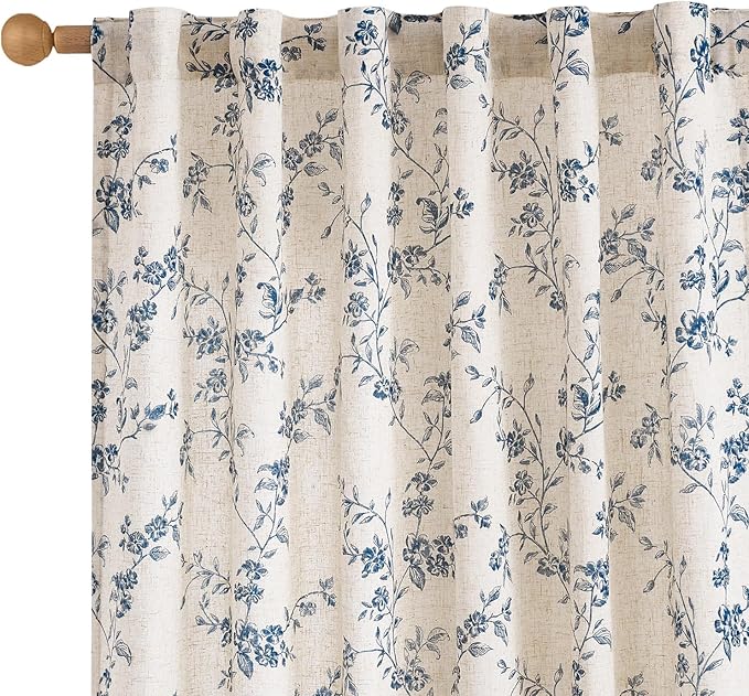 Lazzzy Linen Farmhouse Curtains Blue Floral Curtains 63 Inch Length Back Tab by Lazzzy