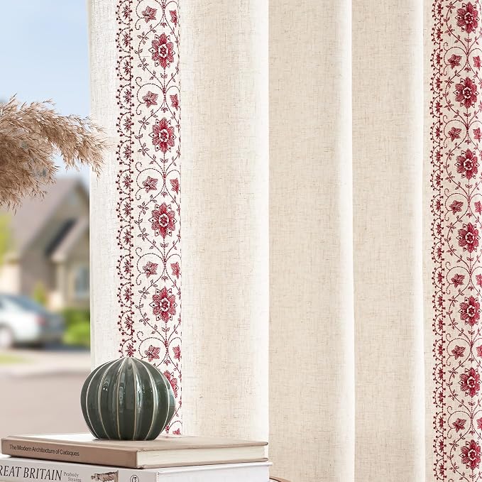 jinchan Boho Curtains for Bedroom Red Vintage Floral Farmhouse Curtains 96 - Image 8