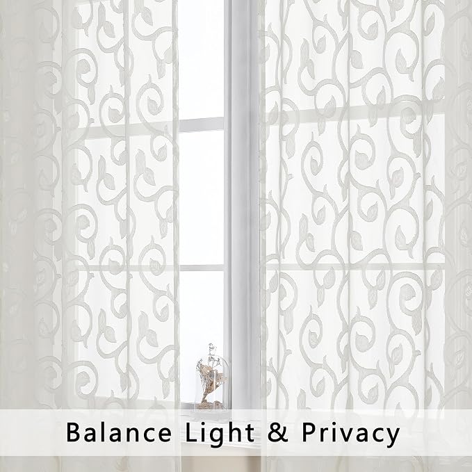 OWENIE Furman Ivory Sheer Curtains 45 Inch Length 2 Panels Set - Image 3