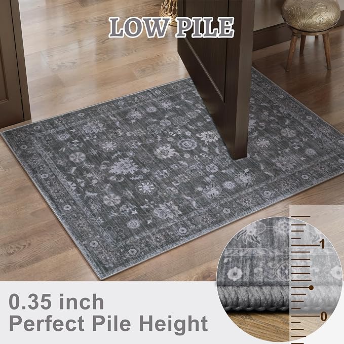 Tangsoo 5x7 Grey Rug for Living Room Non Slip, Washable Vintage Gray Floral Rug - Image 2
