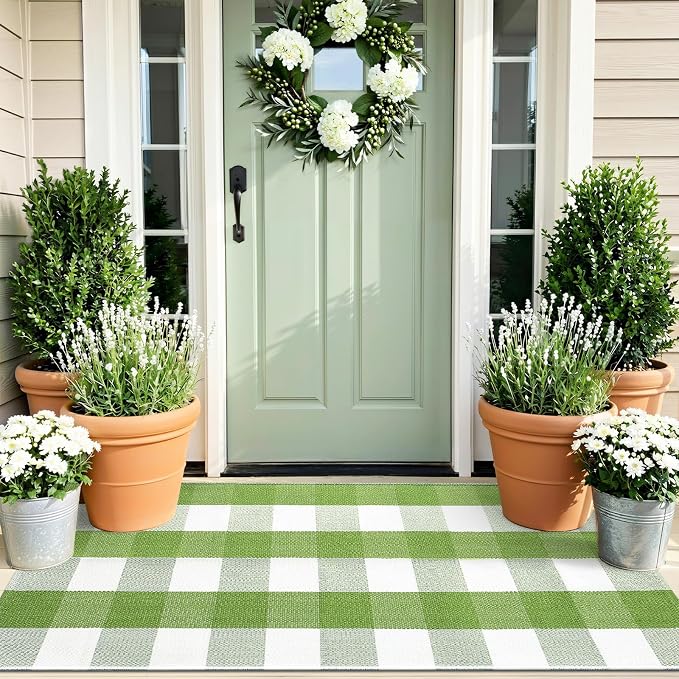 OLANLY Buffalo Plaid Rug 2'4" x 3'7" – Green and White Cotton Checkered Doormat - Image 8