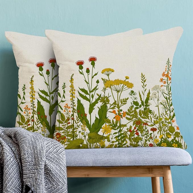 AEIOAE Yellow and Green Pillow Covers 18x18 Inch Set of 2, Spring Wildflower - Image 2
