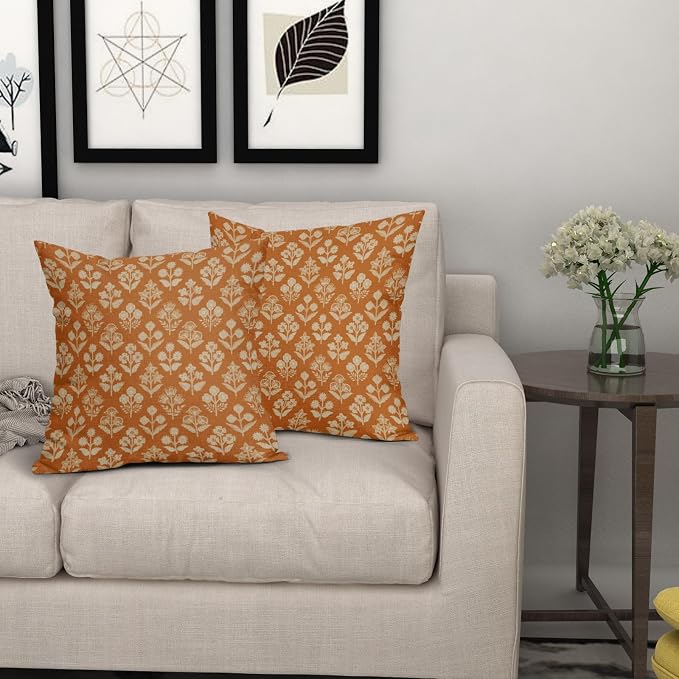 Burnt Orange Floral Pillow Covers 22x22 Inch Set of 2, Vintage Flower Block - Image 7