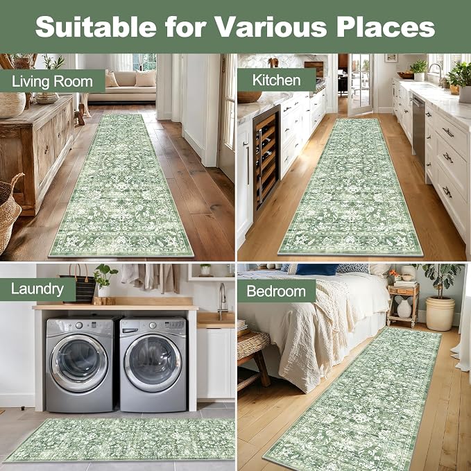 LOKHOM Washable Runner Rug, 2x8 Green Non-Slip Vintage Hallway Runner Rug - Image 6