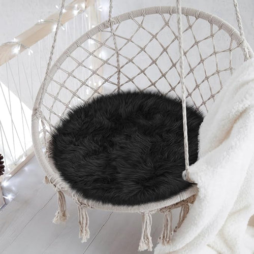 15.7 Inches Mini Black Round Faux Fur Sheepskin Area Rug, Fluffy Small Circle by TENNOLA