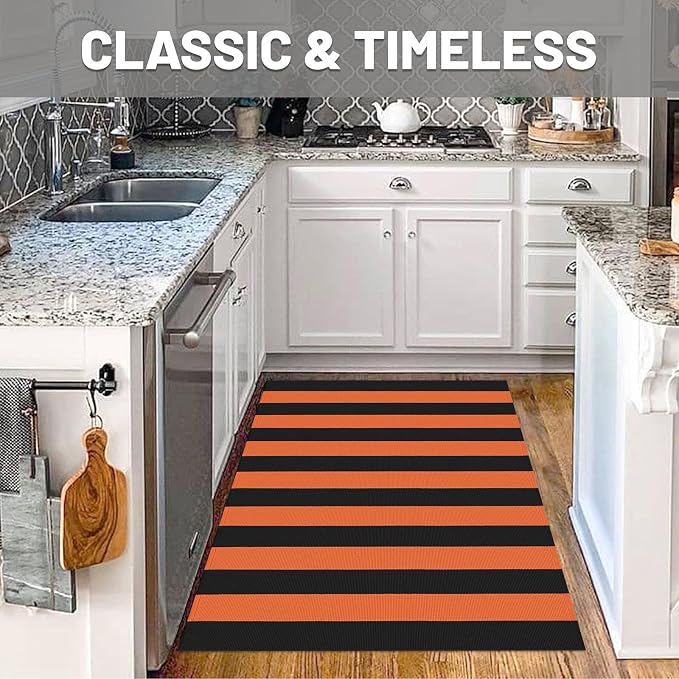 IOHOUZE Fall Door mat 3x5 Ft Orange Black Striped Area Rug Washable Front Porch - Image 3