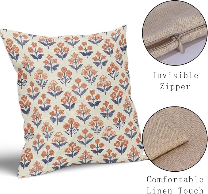Navy Blue Orange Floral Block Print Pillow Covers 24x24 Inch Set of 2, Fall - Image 4