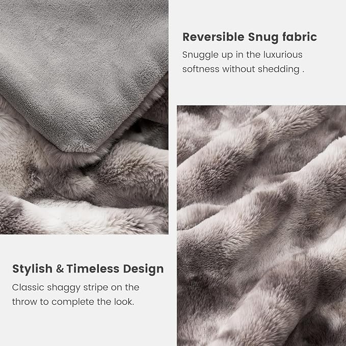 Cozy Bliss Deluxe Striped Rabbit Faux Fur Throw Blanket, Soft Fluffy Warm Plush - Image 7