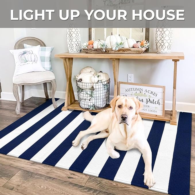 IOHOUZE Navy and White Striped Rug 3'x5' Front Door Rugs Outdoor, Washable Area - Image 4