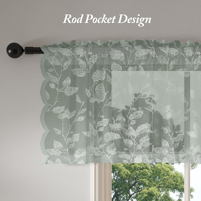 Rinwoc Sage Green Lace Semi-Sheer Valance Curtains 2 Panels – Vintage Leaf Lace - Image 5