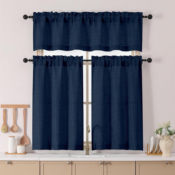 Chyhomenyc Navy Blue Valance for Windows, Light Filtering Faux Linen Slub - Image 2