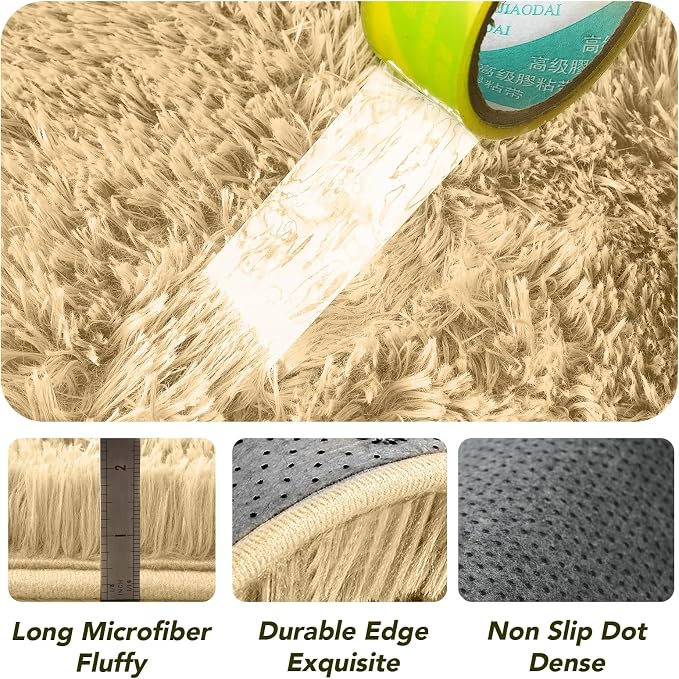 Beige Round Rug for Bedroom: 4x4Feet Soft and Fluffy Area Rug for Living Room- - Image 6