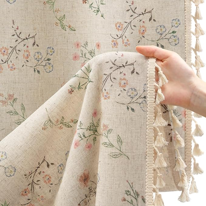 Boho Floral Spring Semi Sheer Curtains 84 Inch Length 2 Panels Set, Linen - Image 4