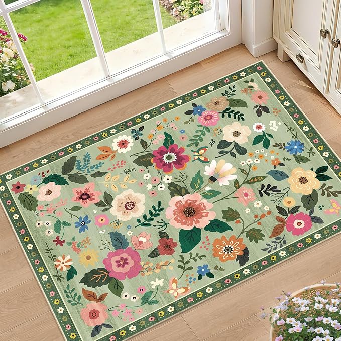 RELEANY Floral Nursery 2x3 Area Rugs Washable Print Boho Cute Carpet Non Slip by RELEANY