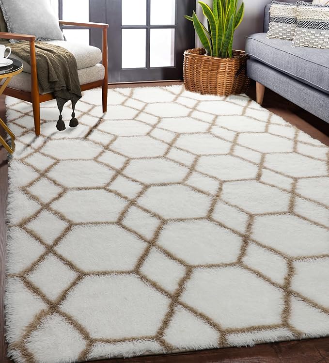 ONASAR Area Rugs for Bedroom Living Room, Fluffy 4x6 White and Beige Throw Rug by ONASAR