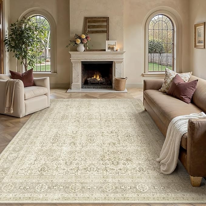 PureCozy Vintage Area Rug 8x10 Beige Washable Living Room Large Carpet Non Slip by PureCozy