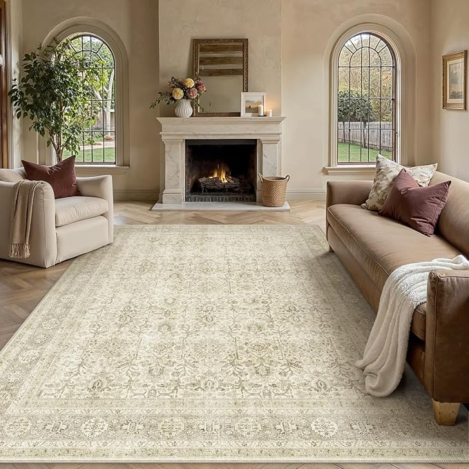 PureCozy Vintage Area Rug 9x12 Beige Washable Living Room Large Carpet Non Slip by PureCozy