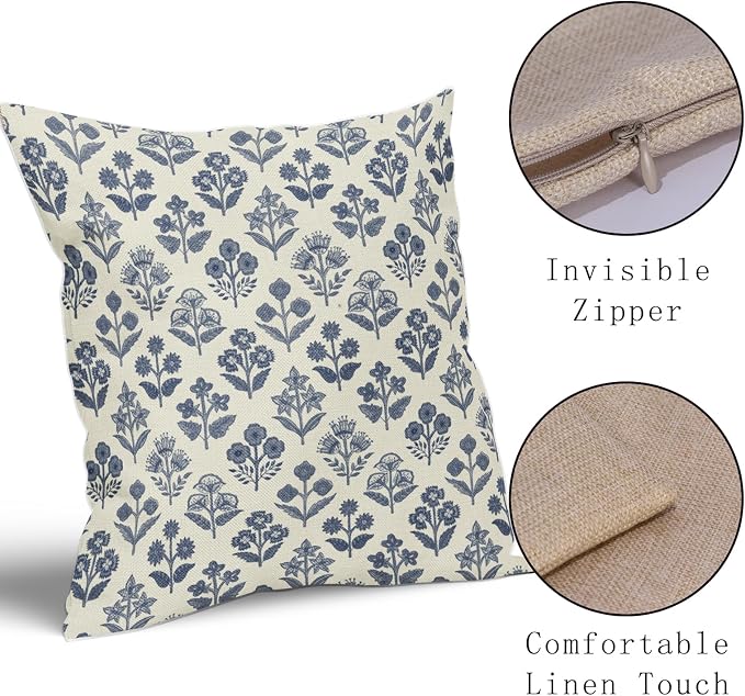 Dark Blue Floral Pillow Covers 18x18 Inch Set of 2, Vintage Flower Block Print - Image 4