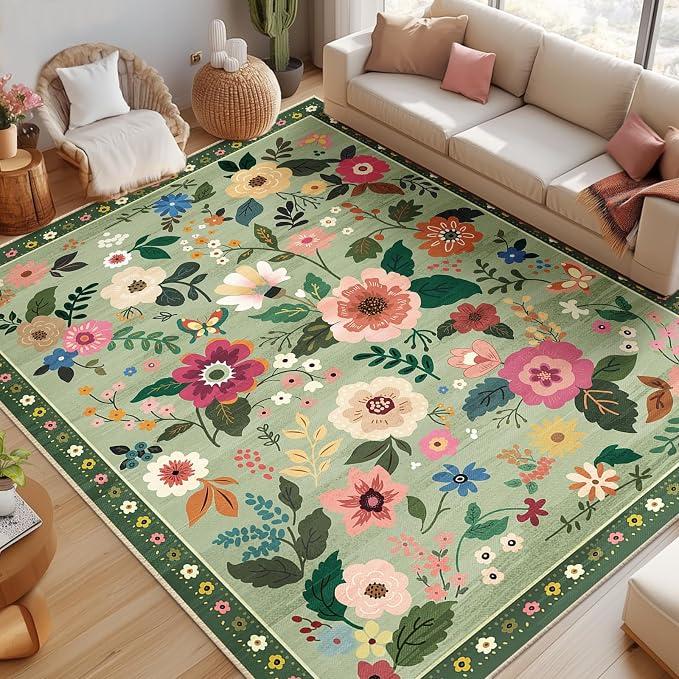 RELEANY Floral Nursery 8x10 Area Rugs Washable Print Boho Cute Carpet Non Slip by RELEANY
