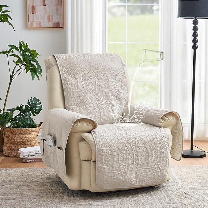 Beige Recliner Chair Covers, Quilted Décor Water-Repellent Medium Lazy Boy - Image 2