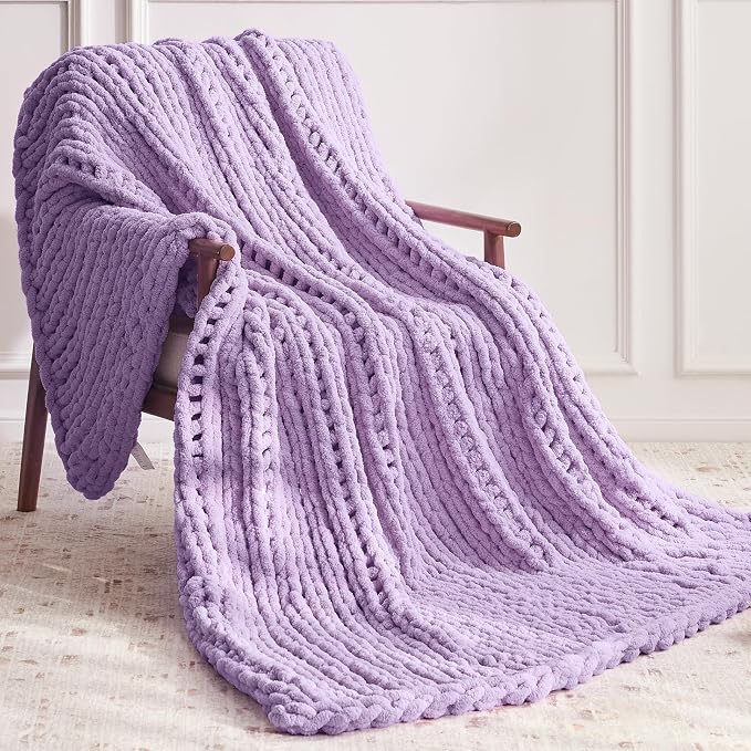 Negwoo Chunky Knit Throw Blanket, Handmade Light Purple Crochet Big Thick - Image 2