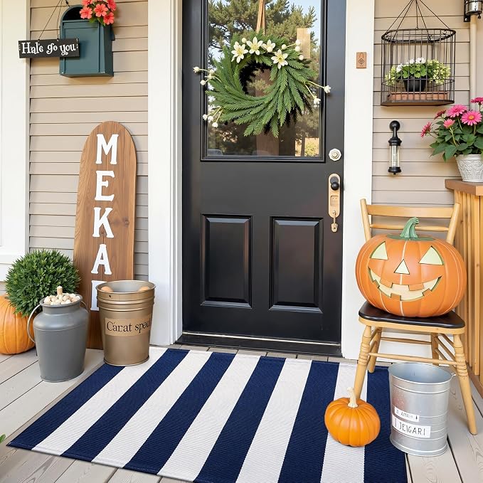OLANLY Navy and White Striped Rug 2'4" x 3'7" – Washable Cotton Indoor Outdoor - Image 8