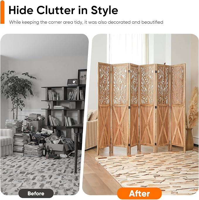 Boho Room Divider with Leaves Carving, 6-Panel Openwork Wood Screen, Decorative - Image 8