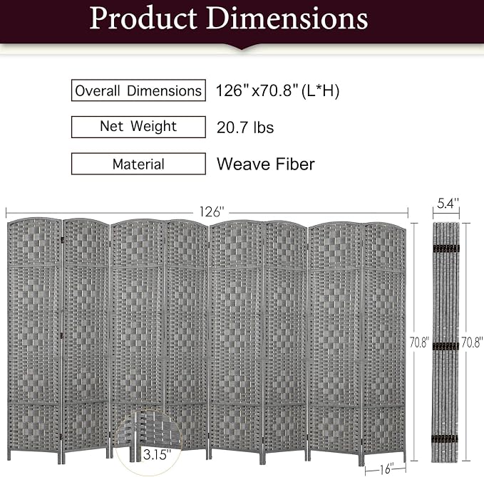 Rose Home Fashion Room Divider 5.6 ft.Tall-15.7" Wide Weave Fiber 8 Panels Room - Image 2
