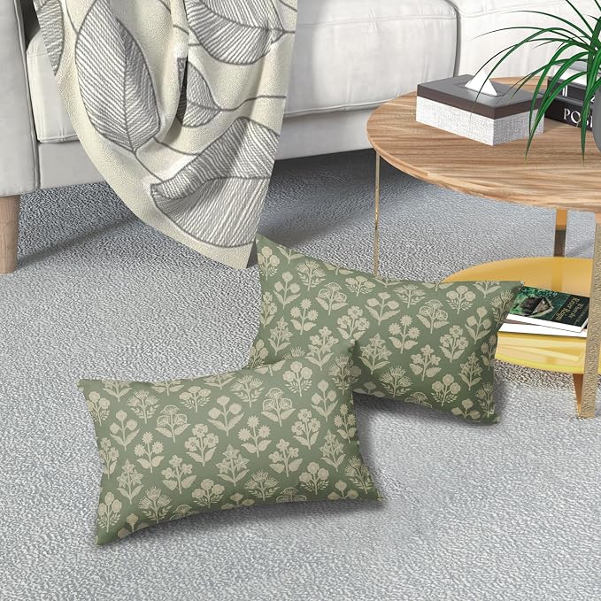 Sage Green Pillow Covers 12x20 Inch Set of 2, Cream Floral Block Print Pattern - Image 7